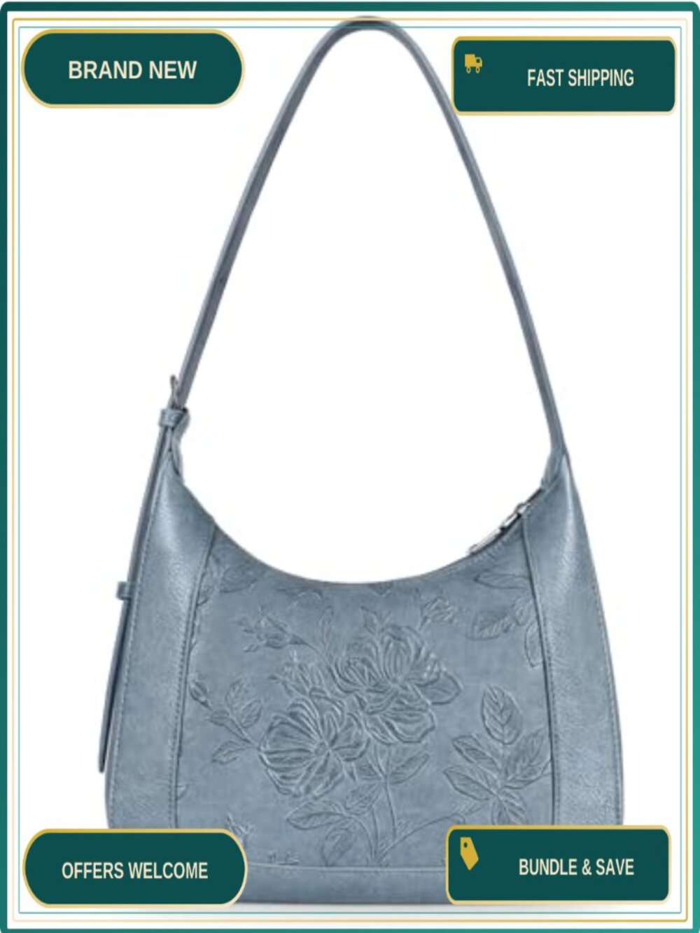 Floral Embossed Vegan Leather Crescent Shoulder Bag Small Hobo Purse